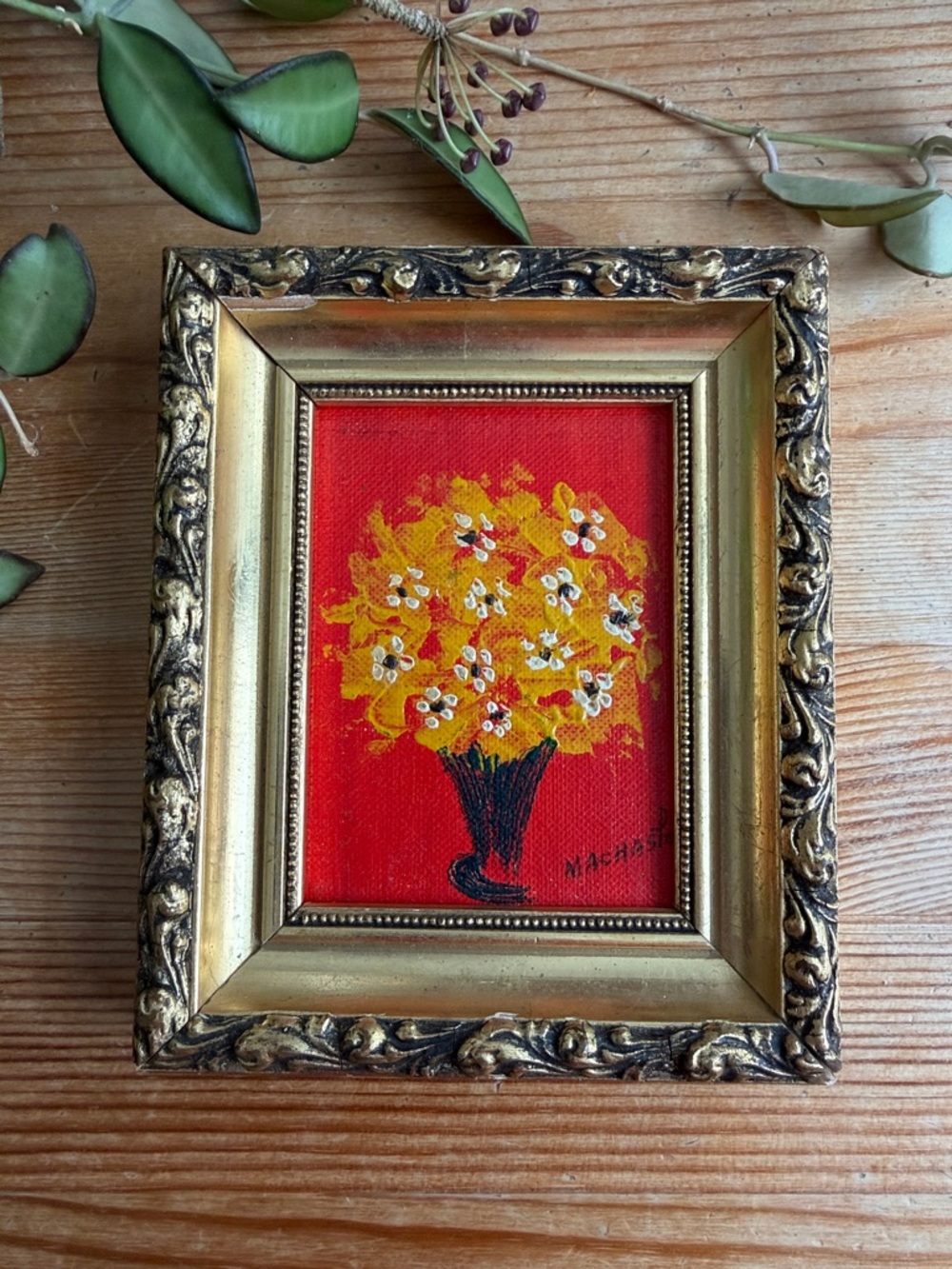 Vintage Mini Floral Painting in Gold Frame